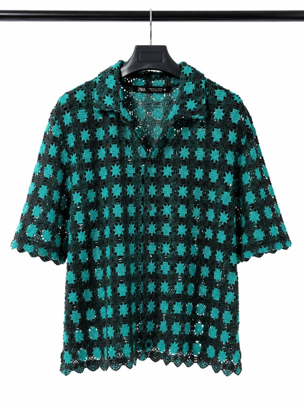 Zara Men's Large Crochet Knit Textured Button Down Shirt Green Black